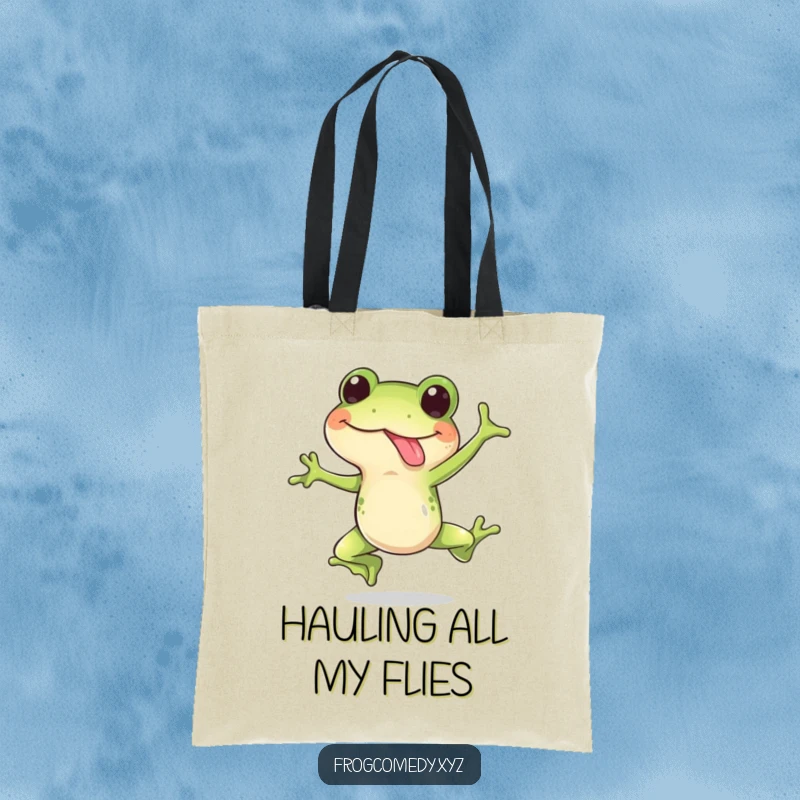 Funny tote bag showcasing a happy frog leaping with its tongue out in surprise, perfect for carrying essentials with humor.