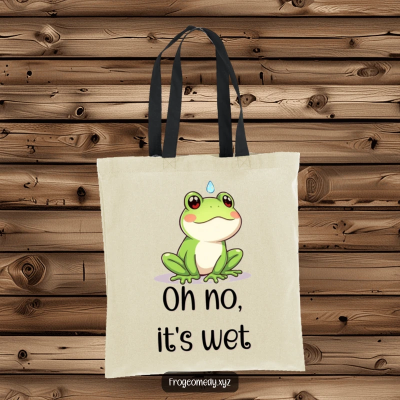 Funny Kawaii frog tote bag showing a cute frog looking surprised by a raindrop, a humorous and practical accessory.