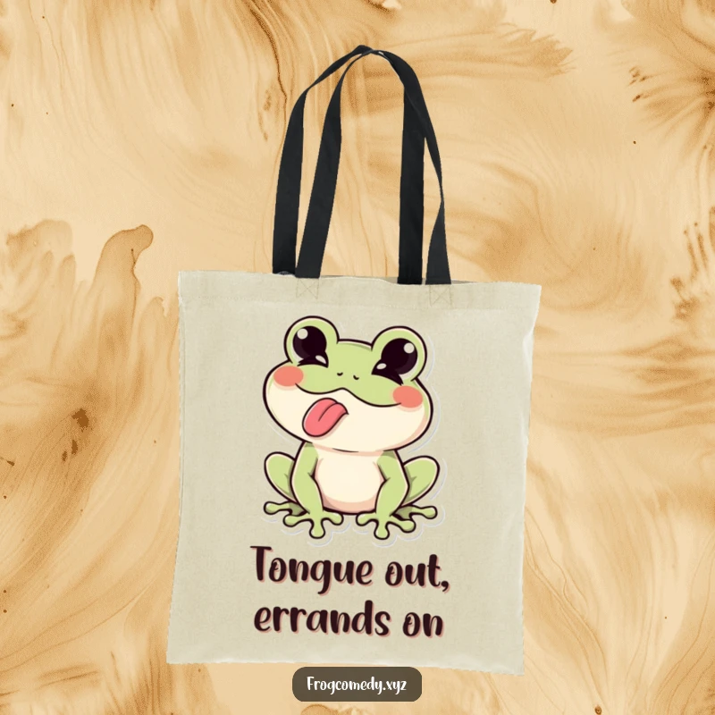 Funny Kawaii frog winking playfully, tongue sticking out, on this tote bag, making it a humorous and practical accessory.